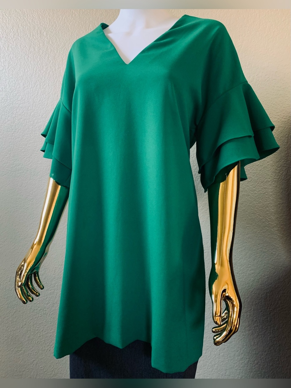 ZARA women Size L Kelly Green tunic shift dress - classic ruffled short sleeves